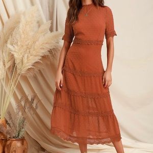 Lulu’s Dreaming of You Rust Orange Swiss Dot Midi Dress